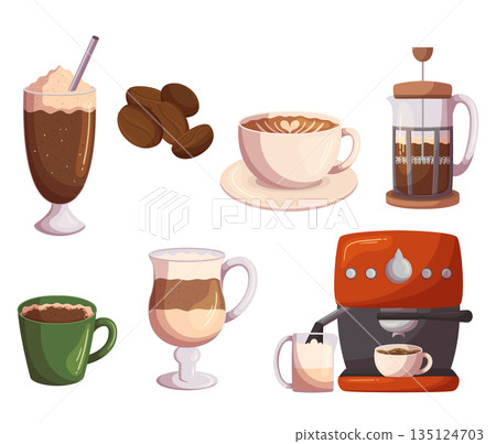 Set Of Coffee House Themed Icons. Beans, Coffee Maker Machine And Ceramic Mug, Glass Cup With Foam, Straw 135124703