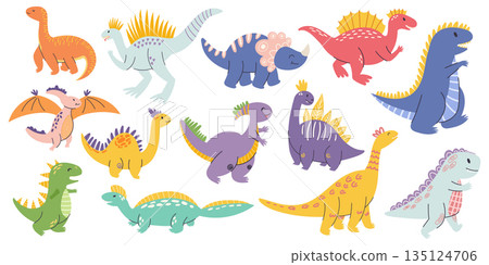 Delightful Set Of Charming Cartoon Dino Characters, Each With Its Unique Personality And Vibrant Colors, Vector Delightful Set Of Charming Cartoon Dino Characters, Each With Its Unique Personality And Vibrant Colors, Vector 135124706