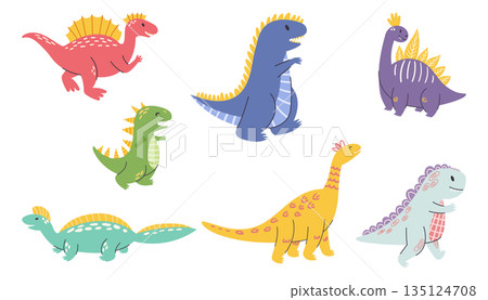 Set Of Adorable Dino Characters With Friendly Eyes, Cheerful Smiles, And Vibrant Colors, This Cute Dinosaurs Collection 135124708