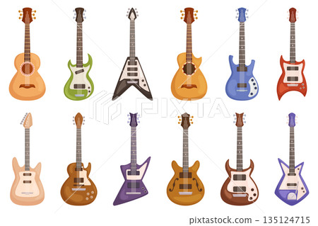 Isolated Guitars Set, Versatile String Instruments With A Resonant Body And Fretted Neck. They Produce Melodic Tones 135124715