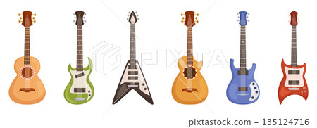 Guitars Set, Stringed Instruments With Resonating Body And Neck Played By Plucking Or Strumming The Strings 135124716