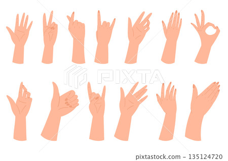 Set Of Hands Making Different Gestures, Signaling Something To The Viewer, Convey Message Of Greeting, Instruction Set Of Hands Making Different Gestures, Signaling Something To The Viewer, Convey Message Of Greeting, Instruction 135124720