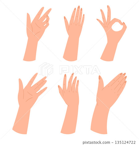 Set Of Hands Making Different Gestures, Arm Showing Ok Sign, Open Palm Waving, Signaling Something To The Viewer 135124722