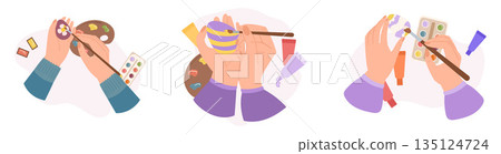 Set of Hands Painting Easter Eggs. Concept of Joy And Creativity, Seasonal Tradition. Eggs in Vibrant Colors And Designs 135124724