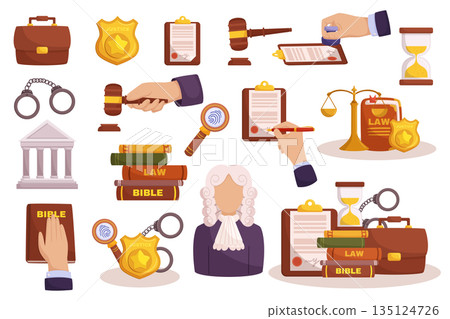 Law Elements Set. Legal Tools Including Books, Scales Of Justice, Gavel, Handcuffs, Judge, Glass, Sandclock And Document 135124726
