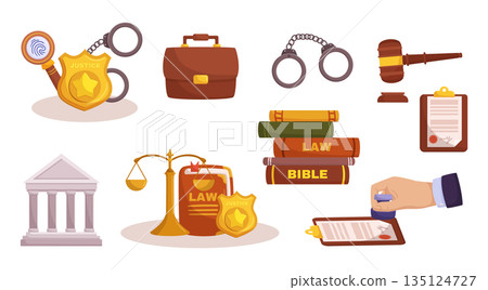 Comprehensive Law Elements Set Comprising Legal Documents, Contracts, Case Studies, Police Badge, Handcuffs, Scales 135124727