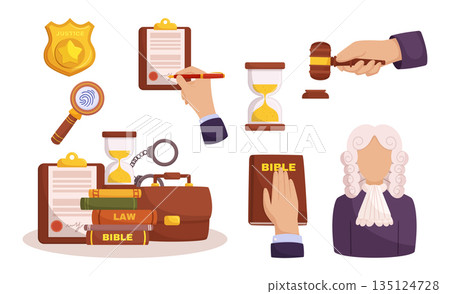 Law Elements Set. Essential Tools For Legal Professionals, Including Gavel, Scales Of Justice, Law Books, And Documents Law Elements Set. Essential Tools For Legal Professionals, Including Gavel, Scales Of Justice, Law Books, And Documents 135124728