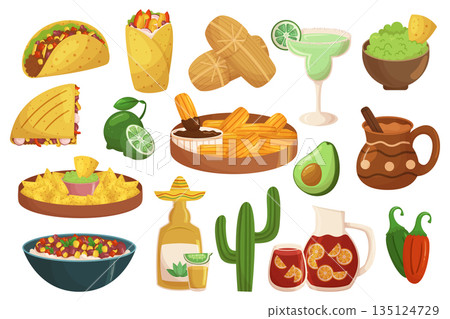 Set of Mexican Meals and Drinks. Jalapeno Peppers, Beans, Tacos, Enchiladas, Tamales, Guacamole, Salsa, And Churros 135124729