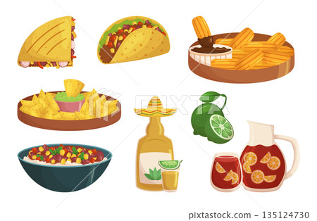 Set Of Flavorful Mexican Meals. Spicy Tacos, Tangy Ceviche, Savory Enchiladas, Hearty Churros, Traditional Nachos 135124730