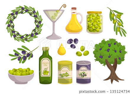 Olives And Olive Products Set. Green And Black Olives, Oil Bottle, Wreath, And Tree. Icons For Mediterranean Cuisine 135124734