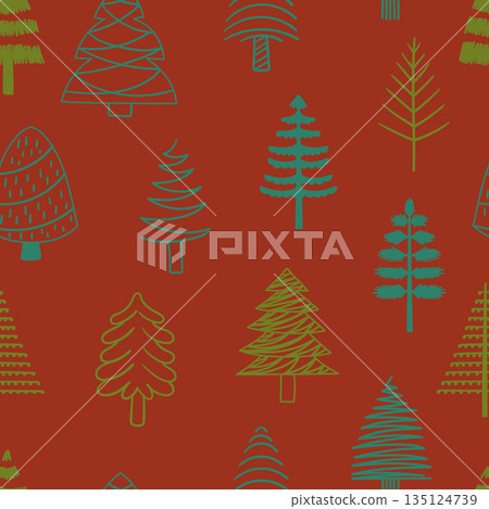 Whimsical Doodle Christmas Trees Festive Repeated Seamless Pattern. Tile Ornament, And Holiday Magic Intertwine 135124739