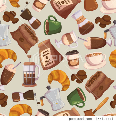 Seamless Background with Coffee Beans, Package or Sack, Cezve, Coffee Maker Machine and Croissant, Carton Disposable Cup Seamless Background with Coffee Beans, Package or Sack, Cezve, Coffee Maker Machine and Croissant, Carton Disposable Cup 135124741