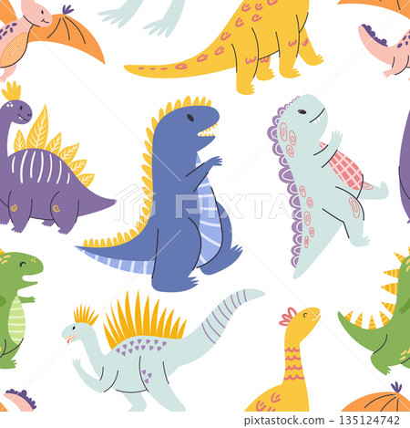 Seamless Pattern Featuring Adorable Cartoon Dinosaurs In Vibrant Colors, Perfect For Adding Playful Charm Seamless Pattern Featuring Adorable Cartoon Dinosaurs In Vibrant Colors, Perfect For Adding Playful Charm 135124742