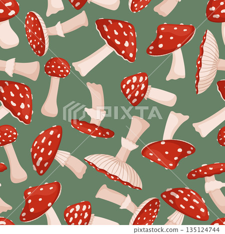Seamless Pattern With Fly Agaric. Whimsical Design Featuring The Iconic Red And White Mushrooms, Vector Illustration Seamless Pattern With Fly Agaric. Whimsical Design Featuring The Iconic Red And White Mushrooms, Vector Illustration 135124744