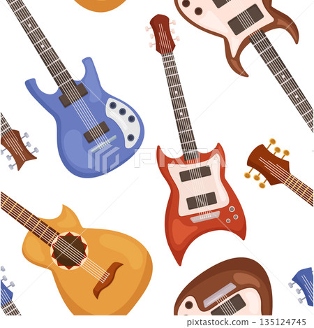 Dynamic Seamless Pattern Featuring Intricately Designed Guitars, Creating A Harmonious And Rhythmic Visual Composition 135124745