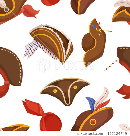 Seamless Pattern Adorned With Playful Pirate Hats, Creating A Whimsical And Adventurous Design Perfect For Themed Decor Seamless Pattern Adorned With Playful Pirate Hats, Creating A Whimsical And Adventurous Design Perfect For Themed Decor 135124749