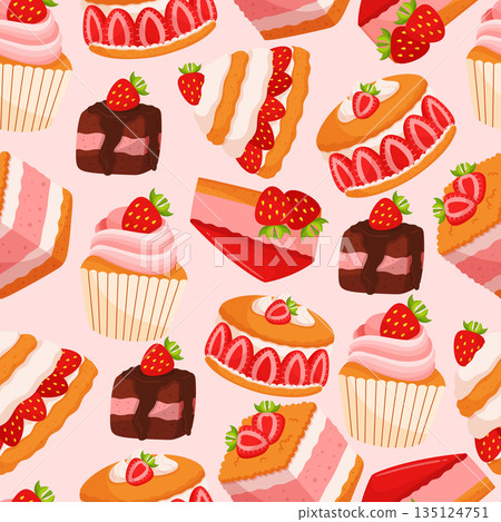 Seamless Pattern Featuring Delicious Strawberry Desserts Like Cakes, Tarts, And Muffins, Adorned With Red Strawberries 135124751