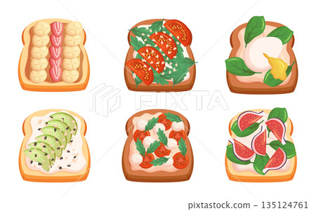 Sandwiches Set Features Different Fillings such as Tomatoes with Mozzarella and Greenery, Strawberry with Banana, Eggs Sandwiches Set Features Different Fillings such as Tomatoes with Mozzarella and Greenery, Strawberry with Banana, Eggs 135124761