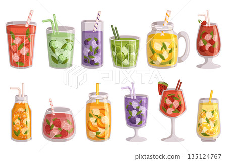 Summer Fruit Drinks Set. Strawberry, Cucumber with Mint, Blueberry, Lime or Lemon, Cherry, Orange, Raspberry and Peach 135124767