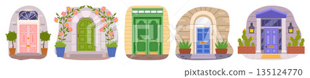 Vintage Mansion Doors With Porches, Decor And Potted Plants, Evoke Timeless Charm With Their Weathered Wood 135124770