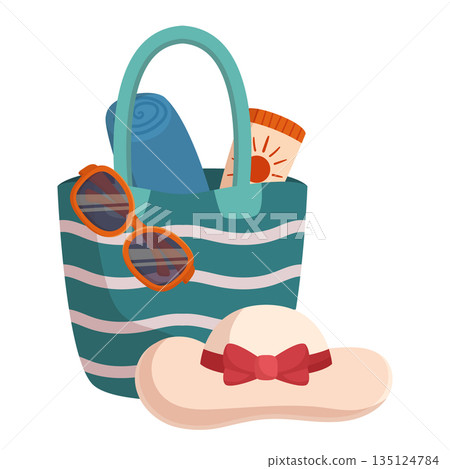 Beach Bag With Hat, Sunglasses, Sunscreen, and Towel. Colorful And Playful Design Adds A Touch Of Summer Fun 135124784