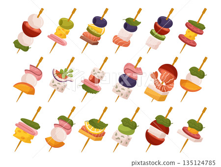 Elegant Canape Set Featuring A Variety Of Delectable Bite-sized Treats. Perfect For Entertaining, Vector Illustration 135124785