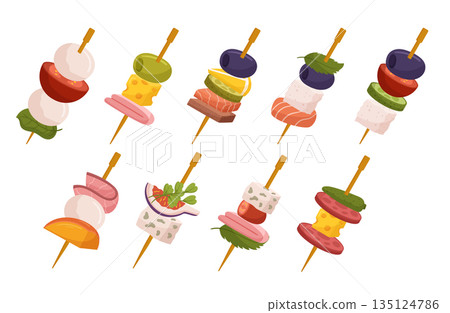 Exquisite Canape Set. Delightful Assortment Of Bite-sized Gourmet Treats, Elegantly Arranged On Sticks 135124786