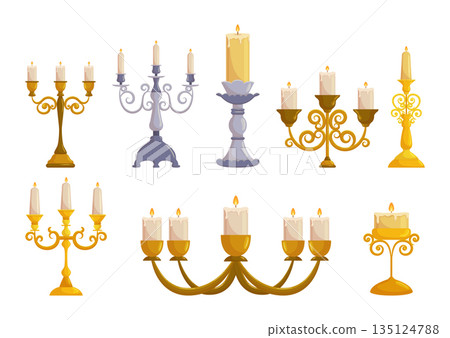 Vintage Candleholder Set Crafted From Metal, Features Intricate Detailing And A Rustic Finish Vector Illustration 135124788