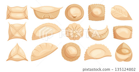 Set Of Dumplings, Small, Savory Parcels Of Dough Filled With Meat, Vegetables, Or Other Ingredients, Vector Illustration 135124802