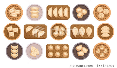 Set Of Dumplings On Wooden Plated And Boards. , Savory Parcels Of Dough Filled With Meat, Vegetables Vector Illustration 135124805