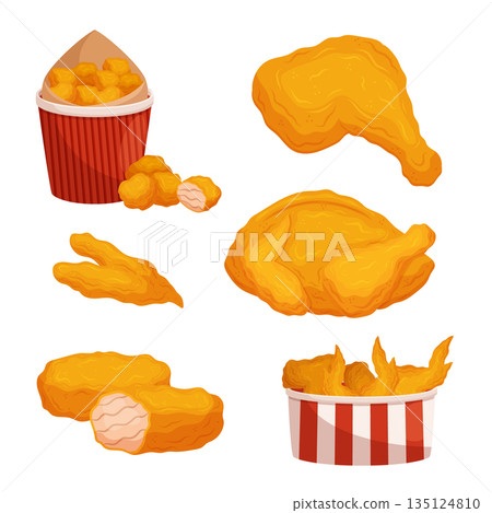 Delicious Fried Fast Food Chicken Meals Served With Crispy, Golden Fries, Packed in Carton Buckets, Vector Illustration 135124810
