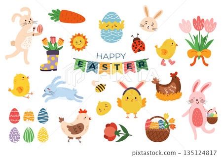 Set Of Charming Easter Icons Depicting Various Elements Such As Bunnies, Bugs, Eggs, Baskets, And Flowers Set Of Charming Easter Icons Depicting Various Elements Such As Bunnies, Bugs, Eggs, Baskets, And Flowers 135124817