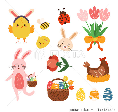 Set Of Adorable Easter Icons Featuring Bunnies, Chicks, Eggs, And Baskets Perfect For Easter-themed Designs Set Of Adorable Easter Icons Featuring Bunnies, Chicks, Eggs, And Baskets Perfect For Easter-themed Designs 135124818