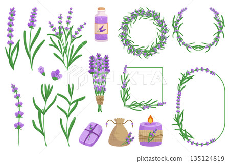 Lavender Elements Set, Collection Of Lavender-themed Elements, Including Flowers, Leaves, And Sprigs. Soap, Bottle Lavender Elements Set, Collection Of Lavender-themed Elements, Including Flowers, Leaves, And Sprigs. Soap, Bottle 135124819