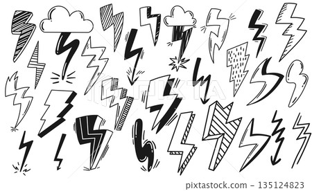 Black Lightnings Vector Icons Set Isolated on White Background. Monochrome Symbols of Zigzag Arrows, Electric Strike Black Lightnings Vector Icons Set Isolated on White Background. Monochrome Symbols of Zigzag Arrows, Electric Strike 135124823