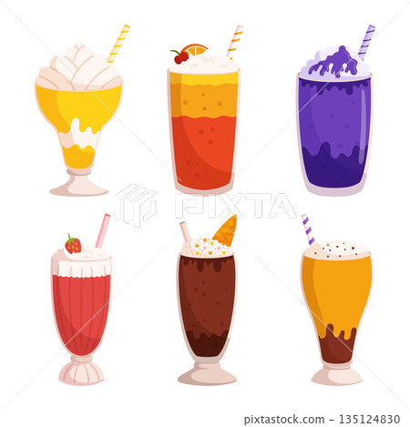 Delicious Milkshakes Served In A Set, Featuring A Variety Of Flavors And Toppings As Strawberry, Ice Cream, Blueberry Delicious Milkshakes Served In A Set, Featuring A Variety Of Flavors And Toppings As Strawberry, Ice Cream, Blueberry 135124830