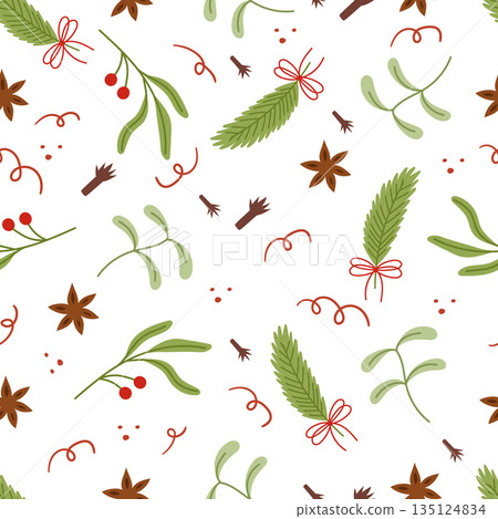 Vibrant Seamless Pattern Featuring An Array Of Aromatic Spices In Colorful Arrangements, Creating Culinary Motif 135124834
