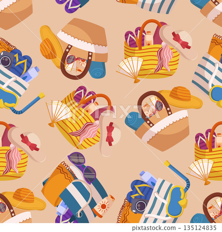 Vibrant Beach Bag Pattern, Colorful And Lively Seamless Design Featuring A Variety Of Beach Bags, Vector Illustration Vibrant Beach Bag Pattern, Colorful And Lively Seamless Design Featuring A Variety Of Beach Bags, Vector Illustration 135124835