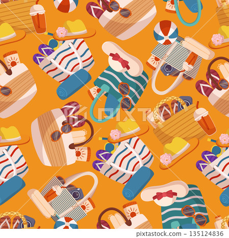 Coastal Chic Beach Bag Pattern, Stylish And Elegant Seamless Design Showcasing A Collection Of Beach Bags 135124836