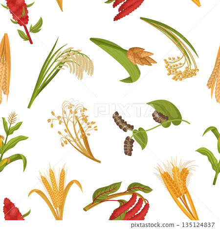 Seamless Pattern Featuring Intricate Tile Of Various Cereal Grain Plants, Creating A Harmonious And Repetitive Design Seamless Pattern Featuring Intricate Tile Of Various Cereal Grain Plants, Creating A Harmonious And Repetitive Design 135124837