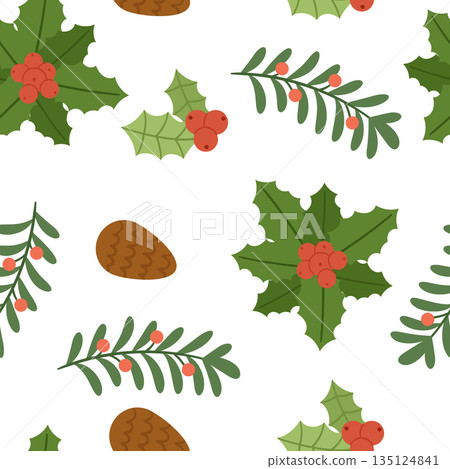 Festive Seamless Pattern Adorned With Christmas Plants Holly, Mistletoe, And Pine Cones, Creating A Timeless Design 135124841