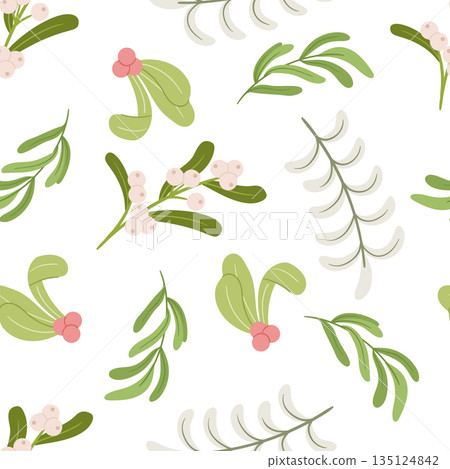 Festive Seamless Pattern Adorned With Vibrant Christmas Plants Like Mistletoe Branches With Berries, Tile Background 135124842