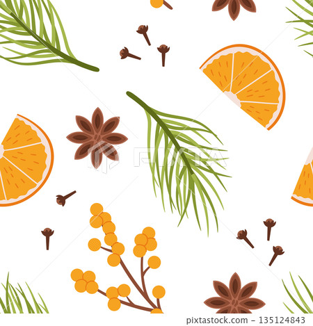 Festive Seamless Pattern Adorned With Christmas Plants, Pine Branches, Berries, Star Anise, Carnation Seeds And Orange 135124843