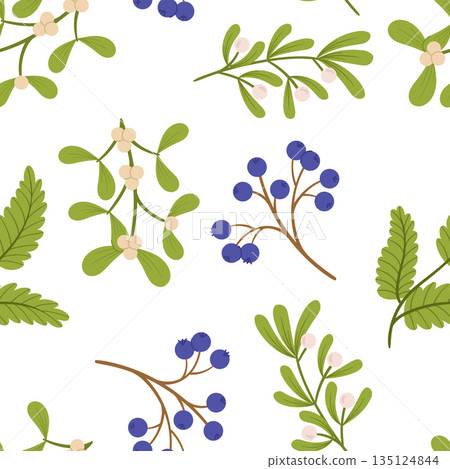 Seamless Pattern Adorned With Festive Christmas Plants, Mistletoe Branches and Evergreen Leaves, Vector Tile Background Seamless Pattern Adorned With Festive Christmas Plants, Mistletoe Branches and Evergreen Leaves, Vector Tile Background 135124844