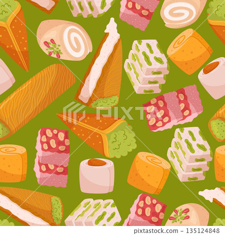 Seamless Pattern Showcasing A Delightful Array Of Eastern Sweets, Combining Rich Colors And Intricate Designs 135124848