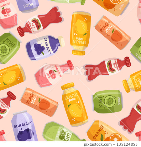 Seamless Pattern With Lemonade Bottles Is A Vibrant Design, Tile Background Featuring Various Sizes And Shapes Seamless Pattern With Lemonade Bottles Is A Vibrant Design, Tile Background Featuring Various Sizes And Shapes 135124853