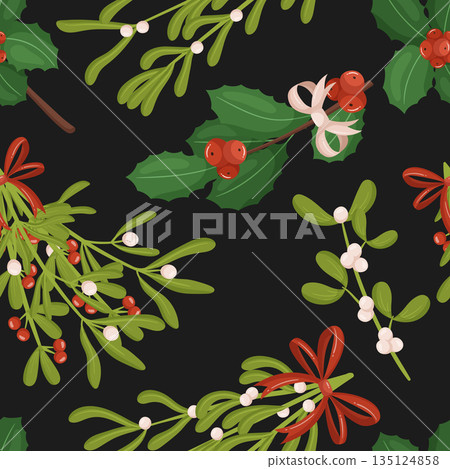 Seamless Pattern With Charming Mistletoe And Holly Berry Plants, Tile Design Perfect For Holiday-themed Projects Seamless Pattern With Charming Mistletoe And Holly Berry Plants, Tile Design Perfect For Holiday-themed Projects 135124858