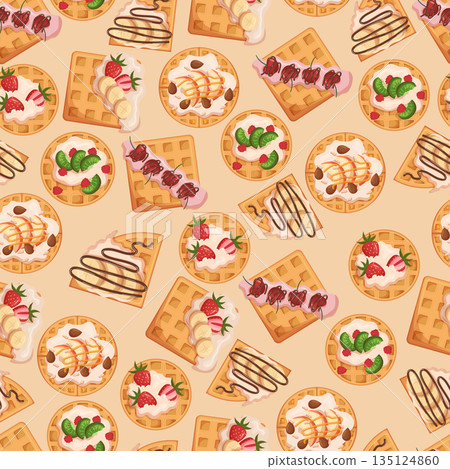Seamless Pattern with Wafers. Repeated Background with Belgian Waffles Square and Round Shape with Berries, Fruits Seamless Pattern with Wafers. Repeated Background with Belgian Waffles Square and Round Shape with Berries, Fruits 135124860