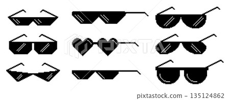Black Pixel Sunglasses Isolated 8 bit Icons Set. Retro-inspired Pixelated Eyewear Symbols Add Touch Of Digital Coolness 135124862