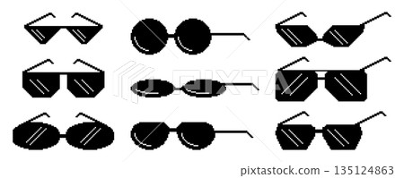 Pixel Sunglasses Icons Set, Stylish And Minimalist Representations Of Eyewear , Characterized By Different Shapes 135124863